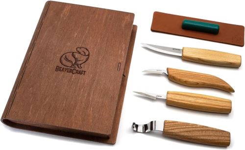 BeaverCraft řezbářská sada Set of 4 Knives in Book Case pro leváky