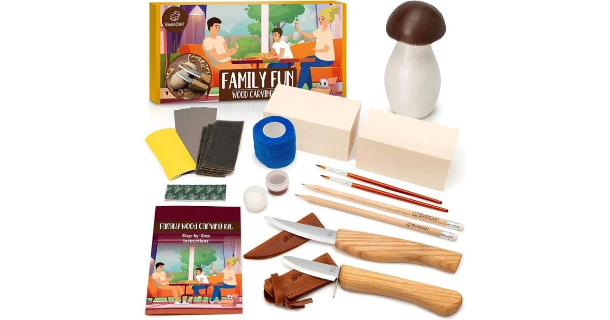 BeaverCraft Family Fun Carving Hobby Kit – sada na vyřezávání dřevěné houby pro dva řezbáře